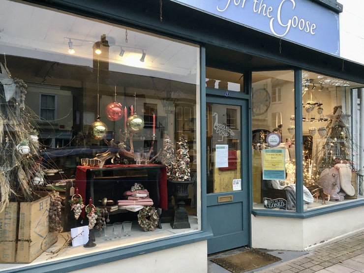 Christmas window display at Source for the Goose, Devon
