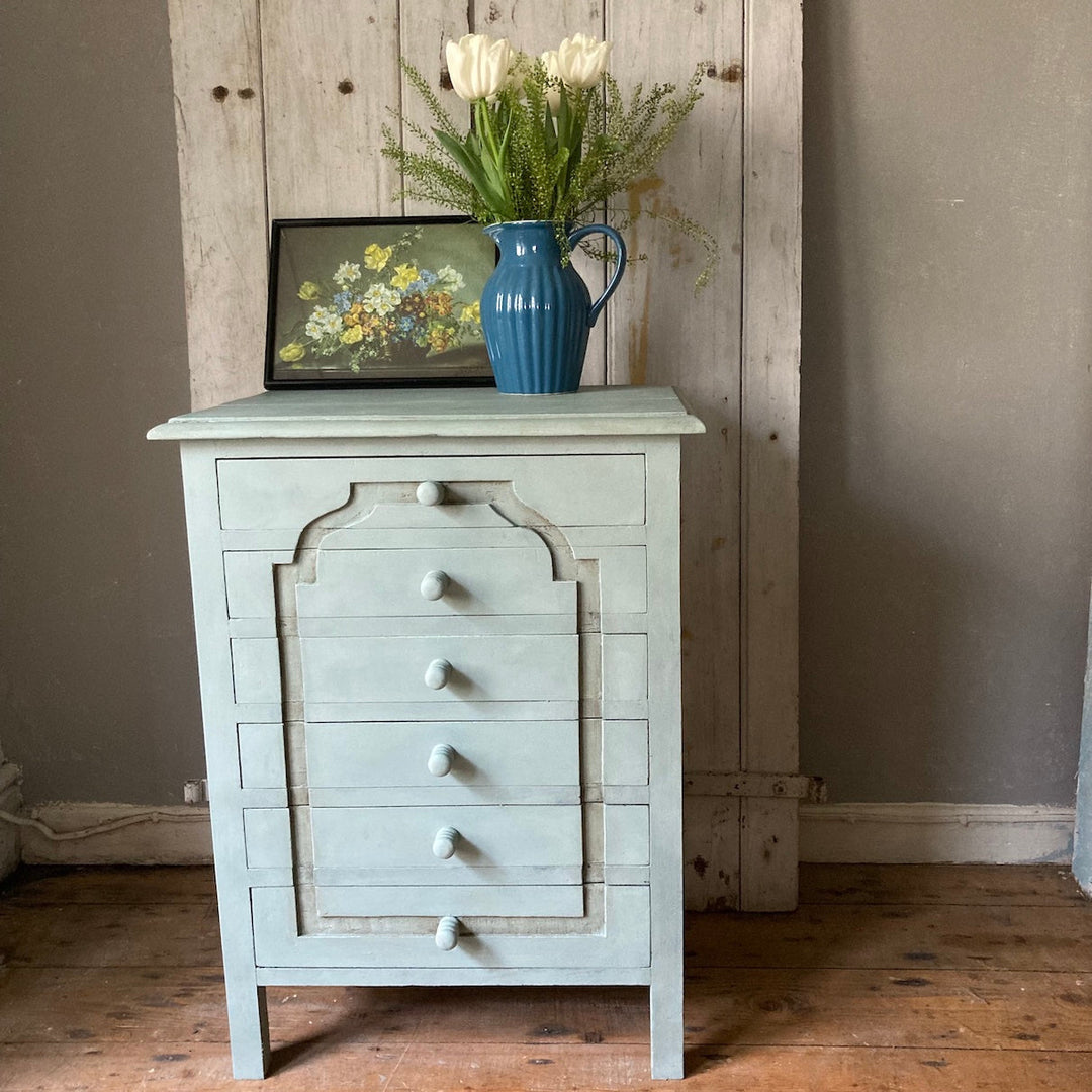 Small chest of drawers painted in Annie Sloan Duck Egg Blue at Source for the Goose, Devon