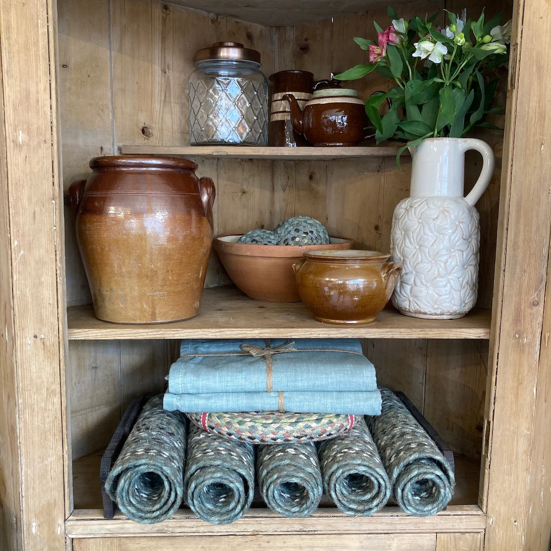 Display at Source for the Goose of vintage stoneware and rustic home accessories