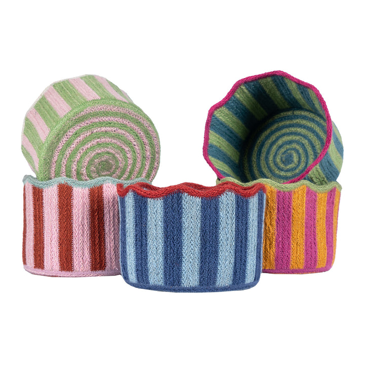 Blueberry blue and red tulip basket from Source for the Goose, showcasing vibrant stripes and scalloped edges, perfect for storage.