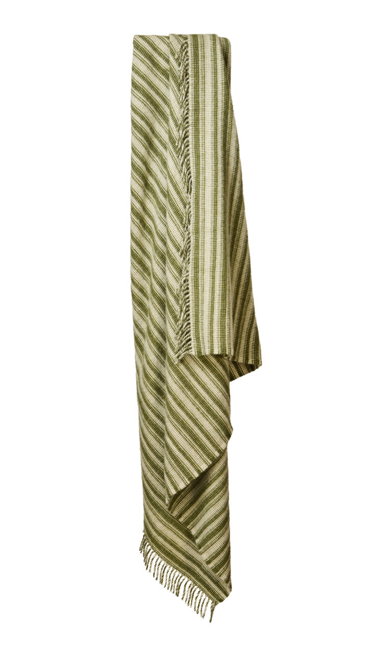Tweedmill Olive Green Aber Stripe Wool Blanket showcasing striped design and tassels, perfect for cozy decor.