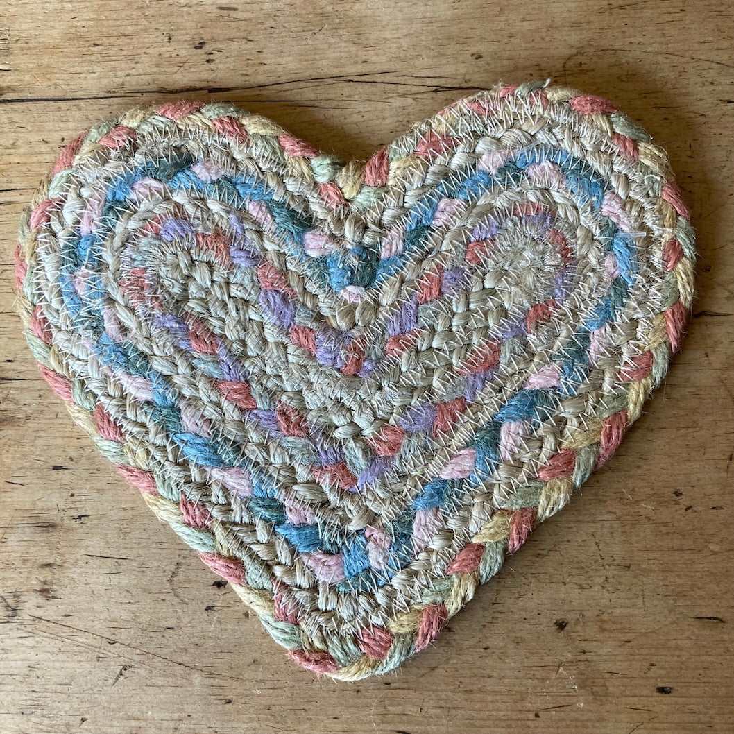 Pastel fairisle design heart shaped coaster in jute at Source for the Goose, Devon, UK