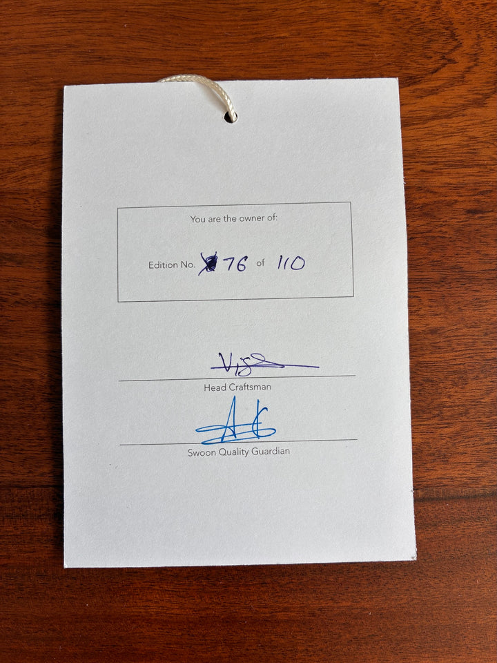 Certificate of authenticity for Retro Swoon Editions TV Stand, edition 76 of 110, showcasing craftsmanship details.