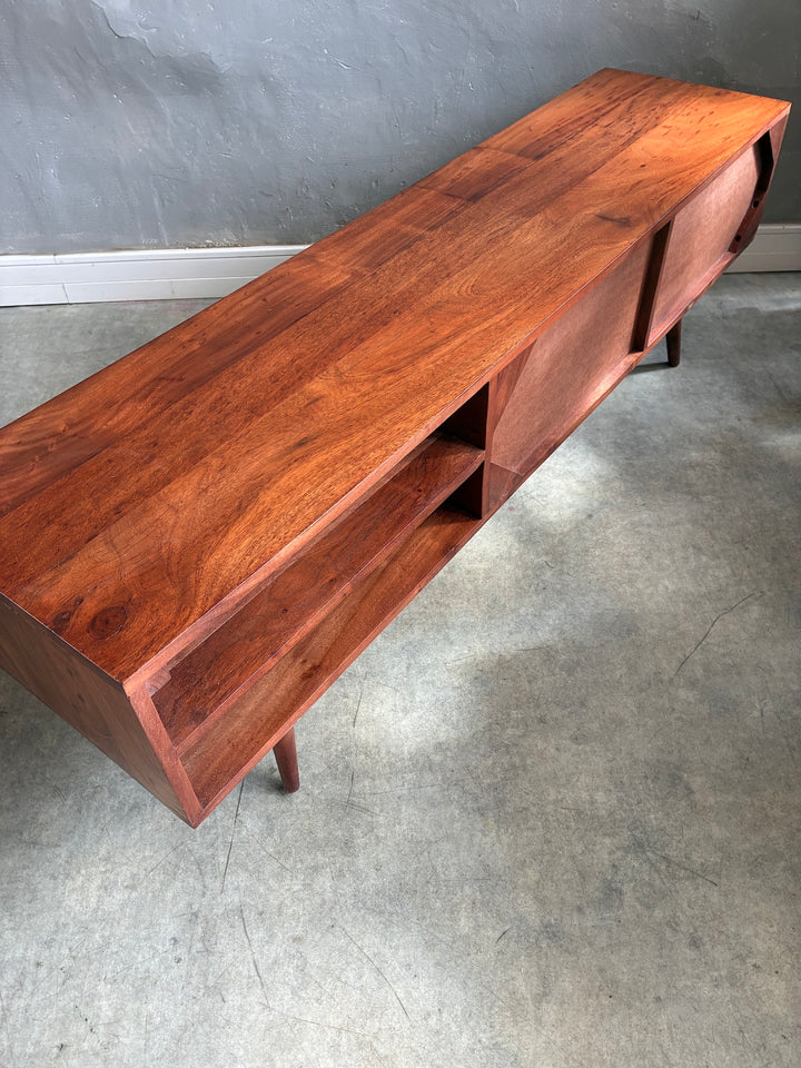 Retro Swoon Editions TV Stand featuring tactile wood tiles, crafted from Acacia wood for a mid-century modern look.