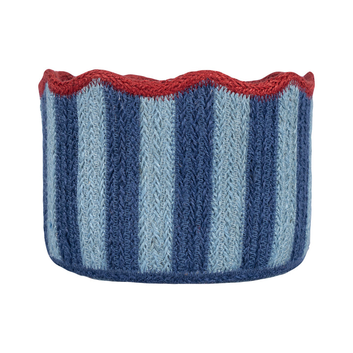 Handcrafted jute tulip basket with blueberry blue and red stripes, featuring a scalloped edge for stylish storage.
