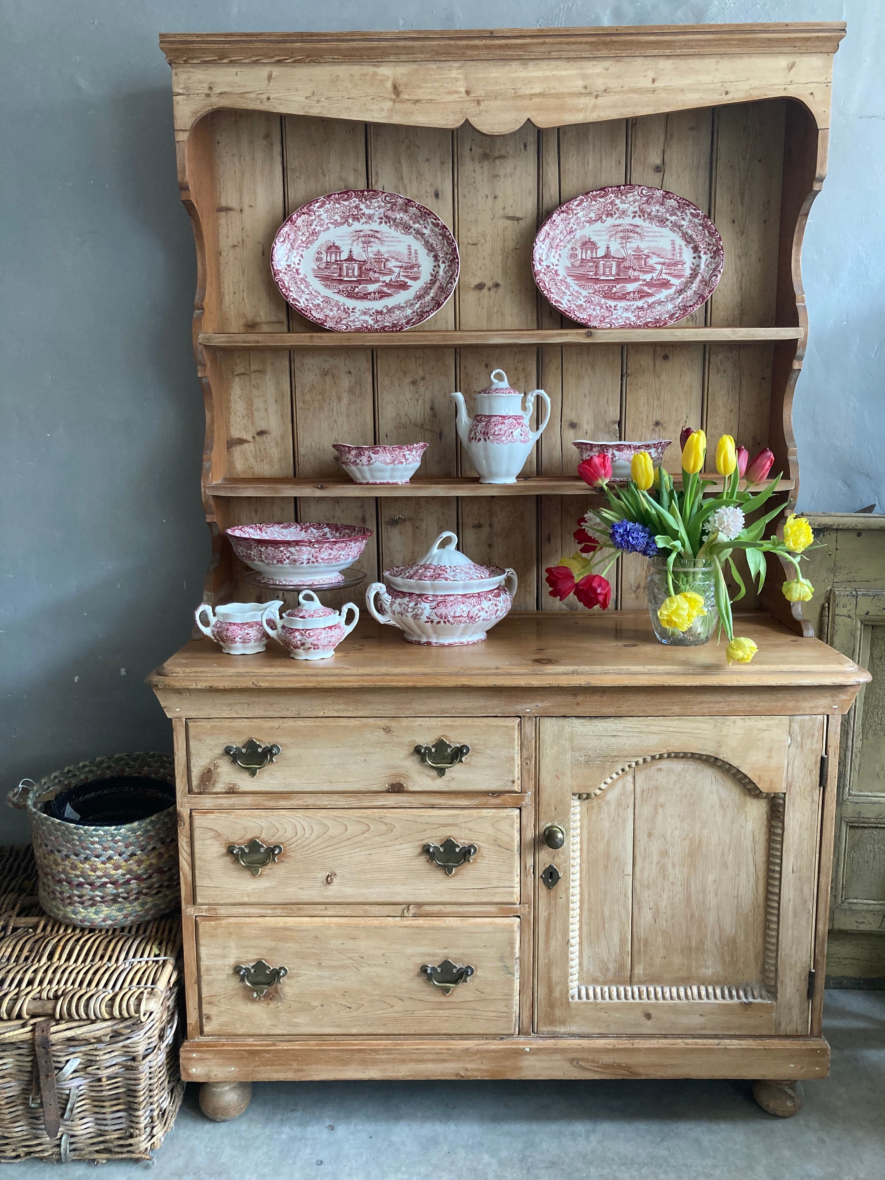 antique Victorian Pine Dresser with vintage pink and white china