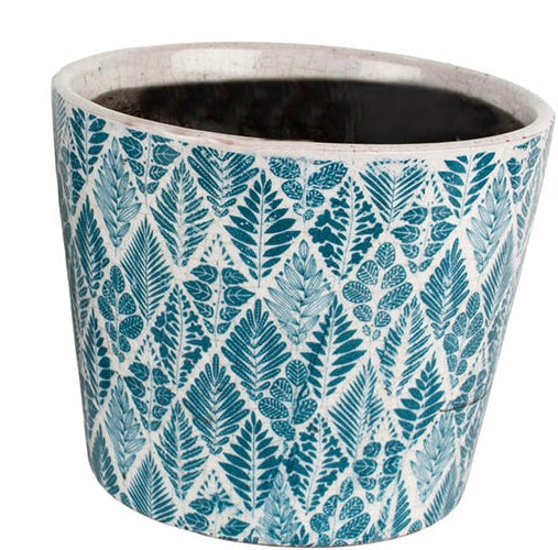 Teal Green Vintage Style Dutch Terracotta Fern Print Flowerpot for sale at Source for the Goose, Devon