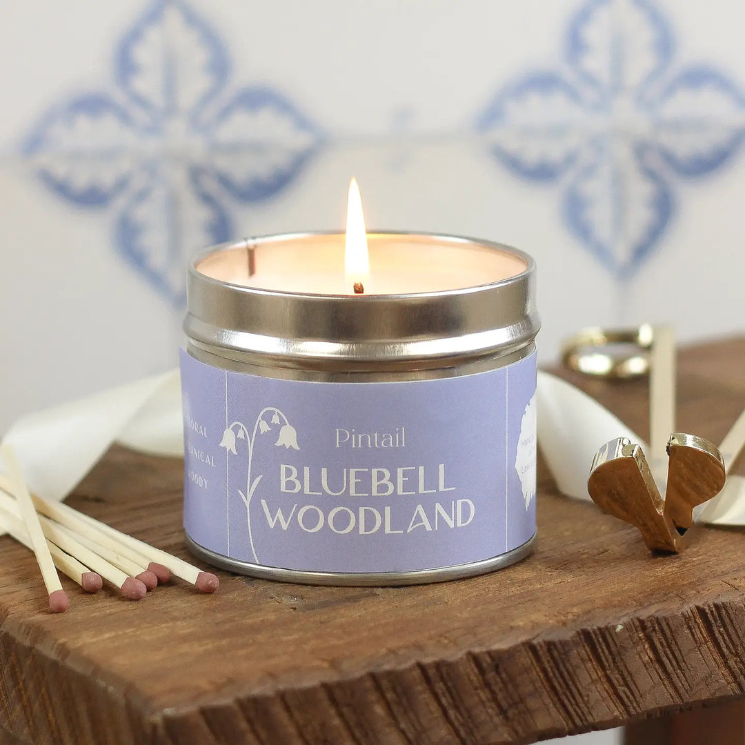 Pintail Bluebell Woodland candle in a classic tin, with wooden matches, evoking spring forest aromas, from Source for the Goose Devon.