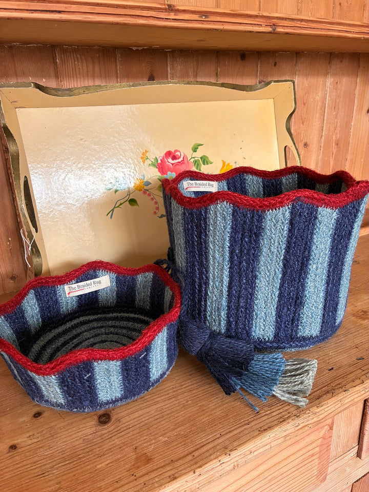 Blueberry Stripe Tulip Mini Basket by Source for the Goose, featuring elegant stripes and a charming red scalloped edge.
