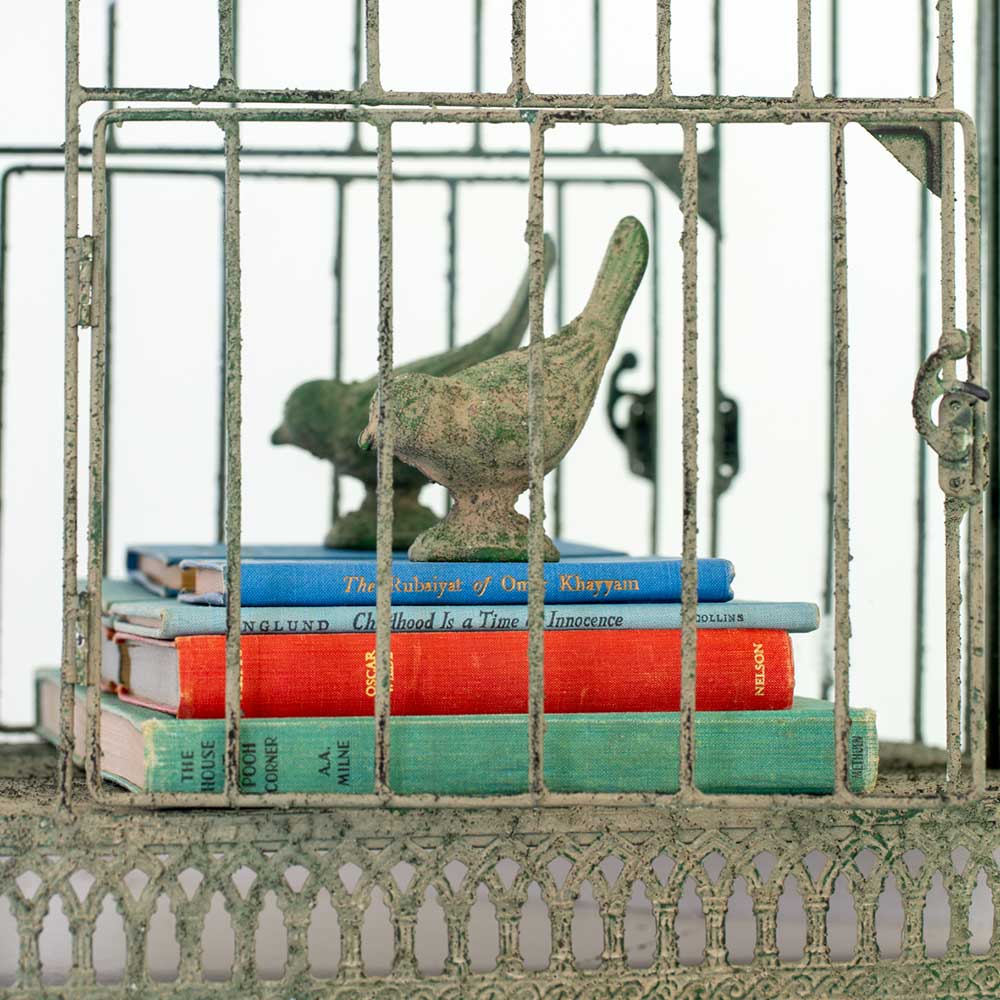 charming green cast iron bird as a display in old bird cage