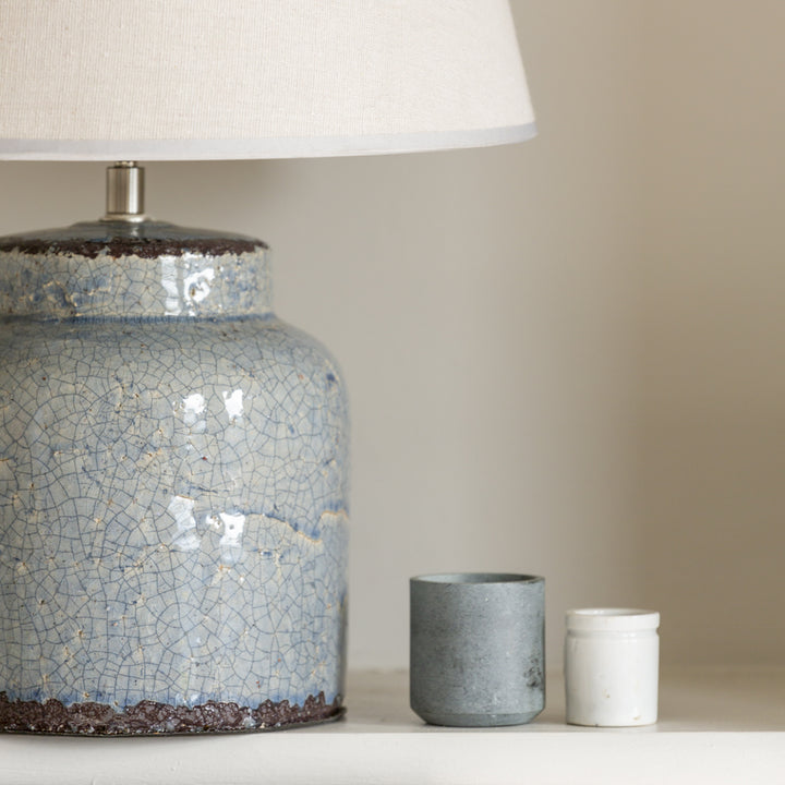 Blue Crackle Glaze Stoneware Table Lamp with white linen look shade