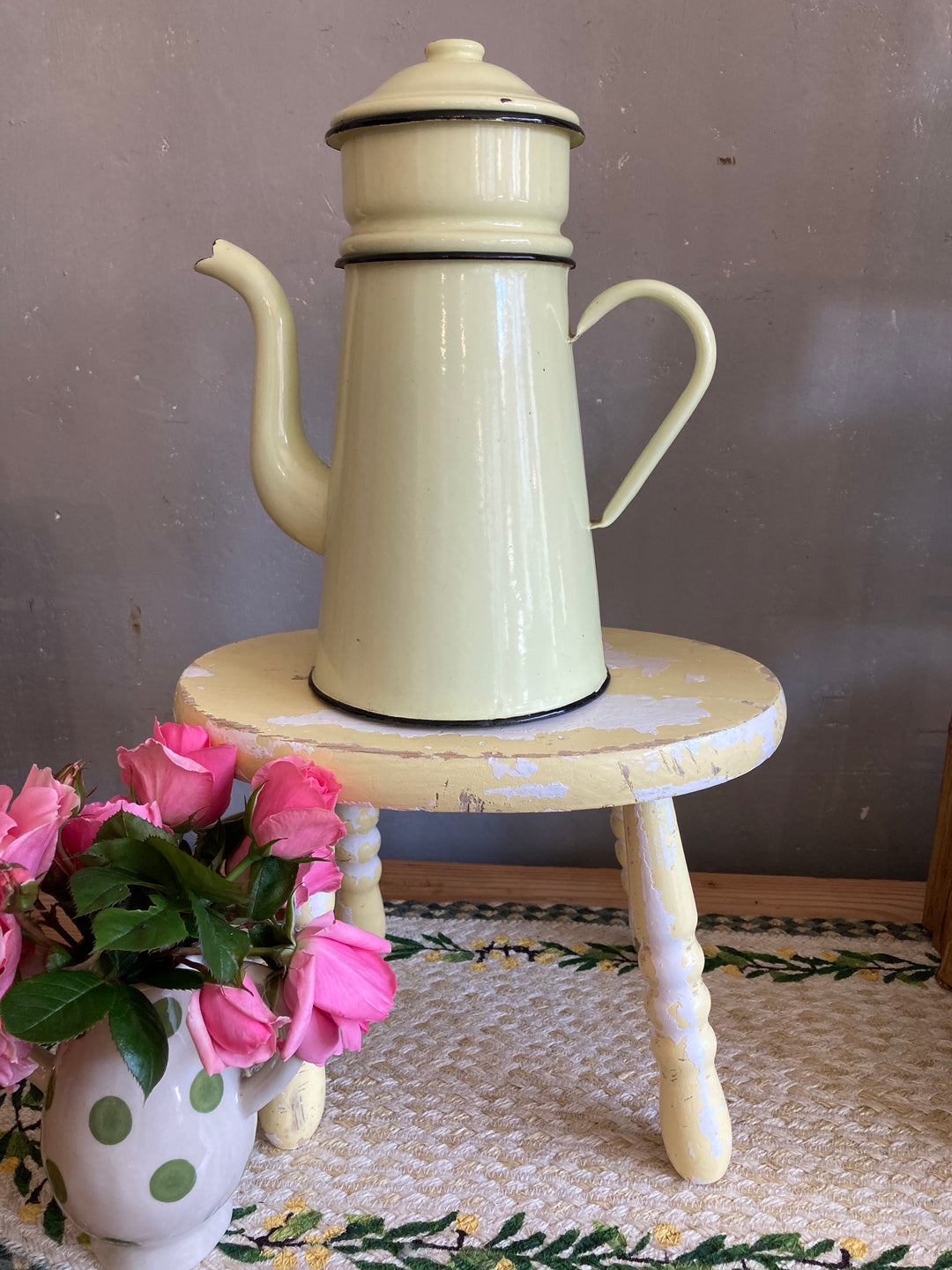 Yellow French Enamel Coffeepot on yellow stool