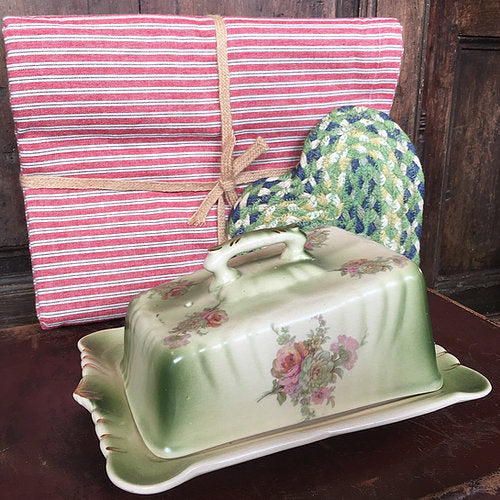 Vintage French floral on green cheese or butter dish