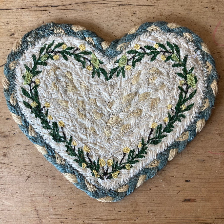 Mimosa design jute heart shaped coaster at Source for the Goose, Devon, UK