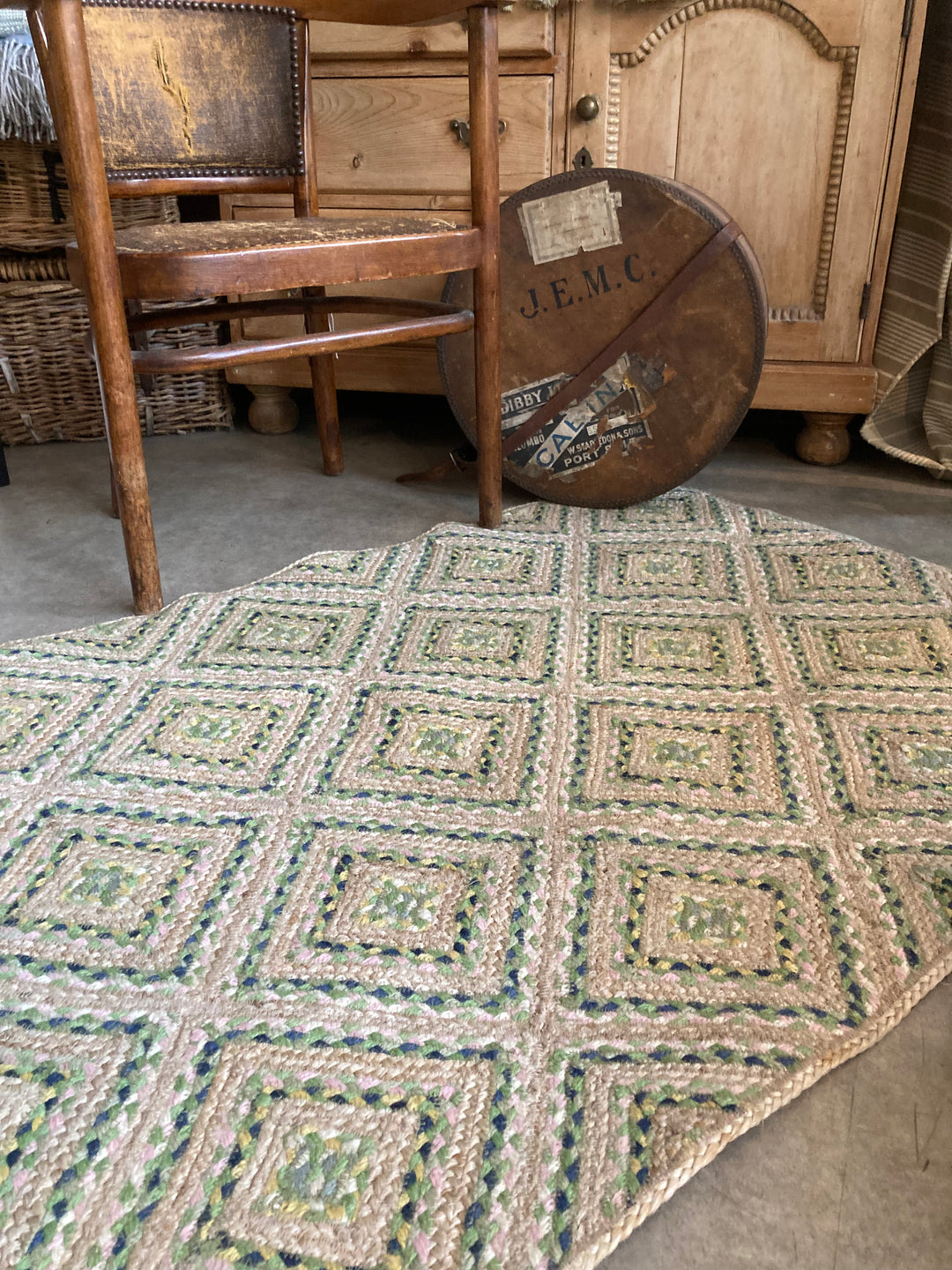 Mint Green Mosaic Rug, rectangular in shape with diamond mosaic design 