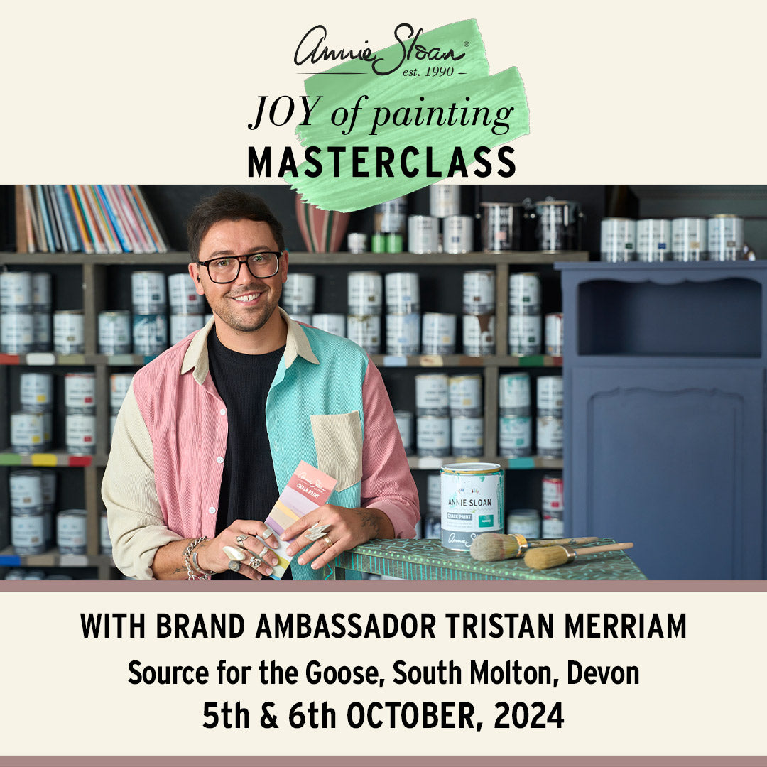 Annie Sloan Brand Ambassador advertising a Joy of Painting Masterclass on 5th and 6th October at Source for the Goose, Devon