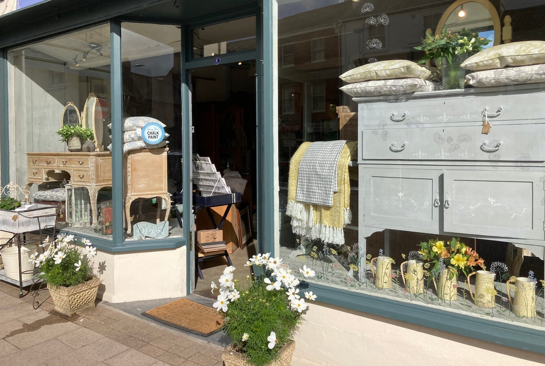 Window display of home interiors at Source for the Goose, Devon, UK