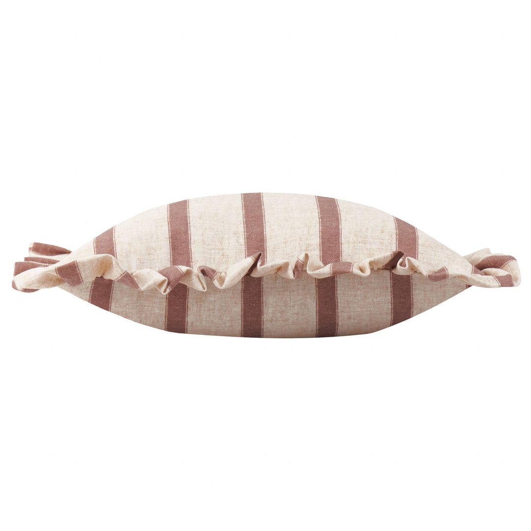 Square Striped Ruffle Cushion Clay Pink - Connie with vintage style stripes and frilled trim from Source for the Goose.
