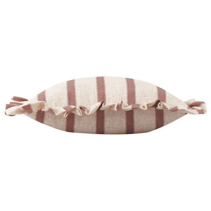 Square Striped Ruffle Cushion Clay Pink - Connie with vintage style stripes and frilled trim from Source for the Goose.