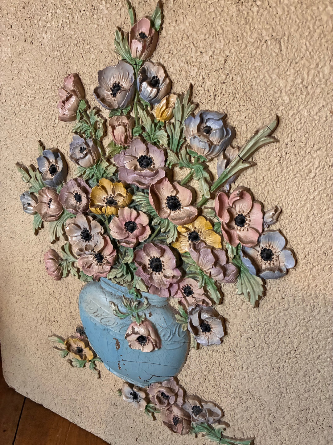 Vintage Barbola Wooden Firescreen - 1930s Vintagenalia with colorful floral relief design against a textured background.