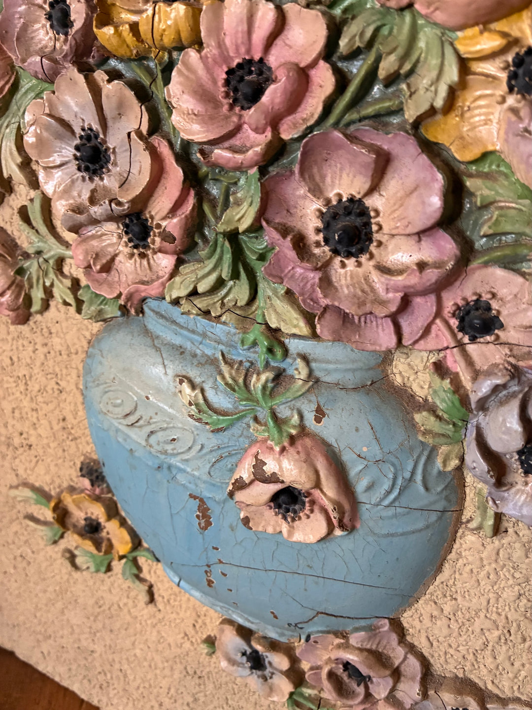 Vintage Barbola Wooden Firescreen - 1930s Vintagenalia detailed floral relief design with pastel colors.