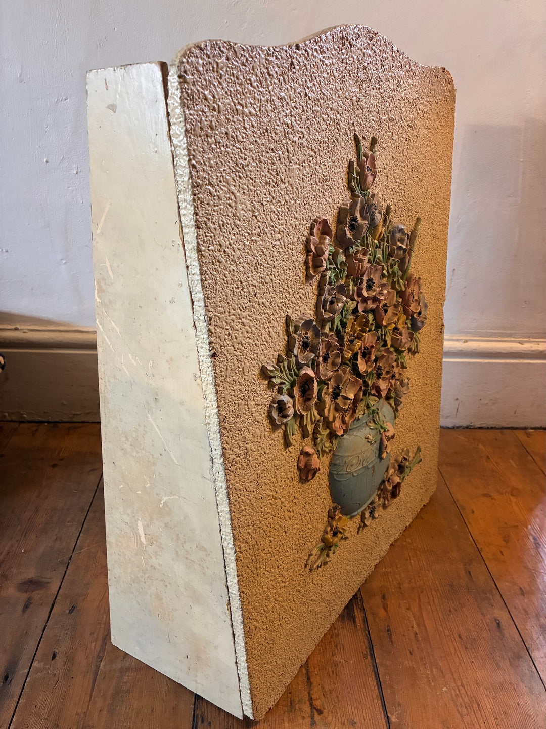 Vintage Barbola Wooden Firescreen - 1930s Vintagenalia with decorative floral gesso relief side view.