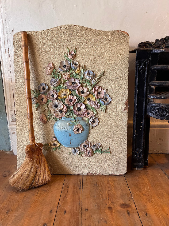 Vintage Barbola Wooden Firescreen - 1930s Vintagenalia with floral details and broom on wooden floor.
