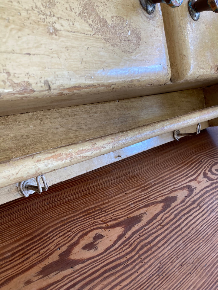 Details of the 1930s Wooden Wall Cupboard with towel rail by Source for the Goose, Devon.