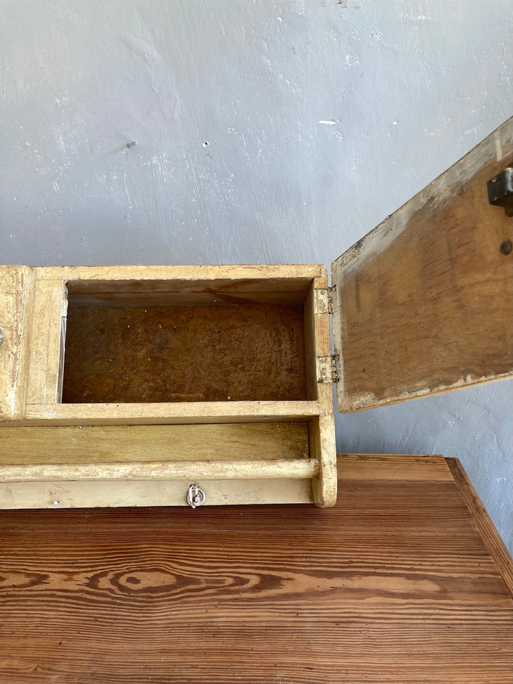 Open view of a vintage 1930s wooden wall cupboard with an original scumble finish, ideal for storage and decor.