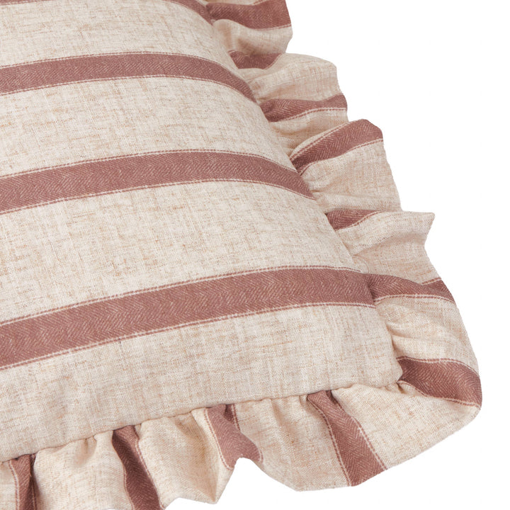 Square Striped Ruffle Cushion Clay Pink - Connie with a vintage striped print and frilled trim.