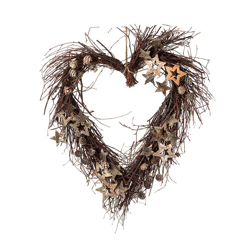 Twig Heart Wreath with Stars adorned with natural twigs and wooden stars for festive decor.