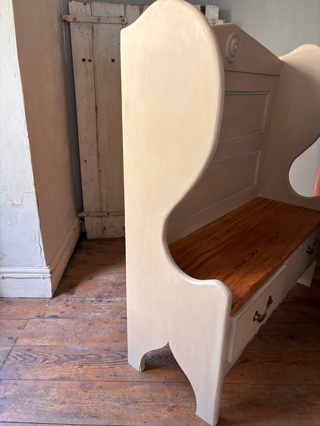 Painted Pine Monks Bench showcasing rustic charm and hidden storage, designed by Source for the Goose, Devon.