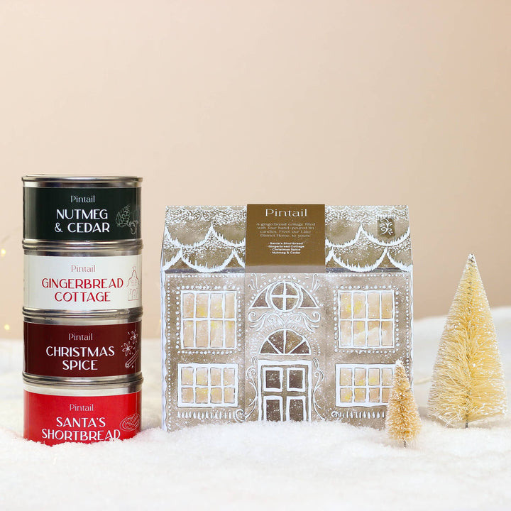 Pintail Candles Gingerbread Cottage Gift Set with festive scents, hand-drawn gingerbread house packaging, Source for the Goose Devon.