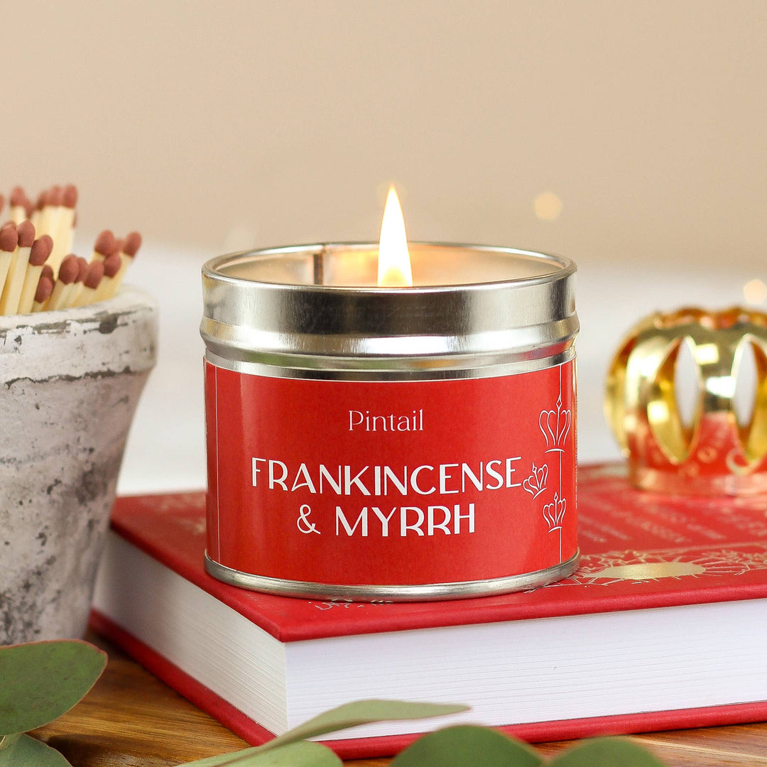 Pintail Candles Frankincense & Myrrh in Classic Tin, hand-poured for cozy holiday ambiance. Source for the Goose, Devon.