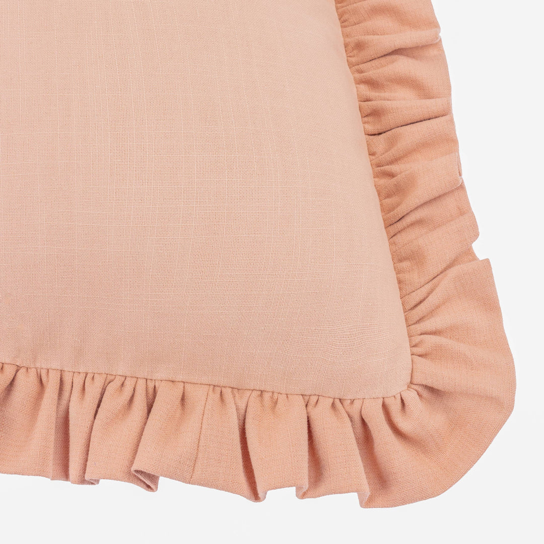 Vintage Blush Rose Ruffle Cushion - Effie with soft pastel cotton slub fabric and delicate ruffle trim.