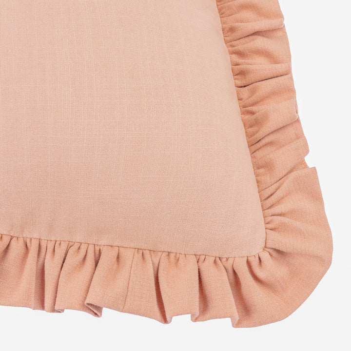 Vintage Blush Rose Ruffle Cushion - Effie with soft pastel cotton slub fabric and delicate ruffle trim.