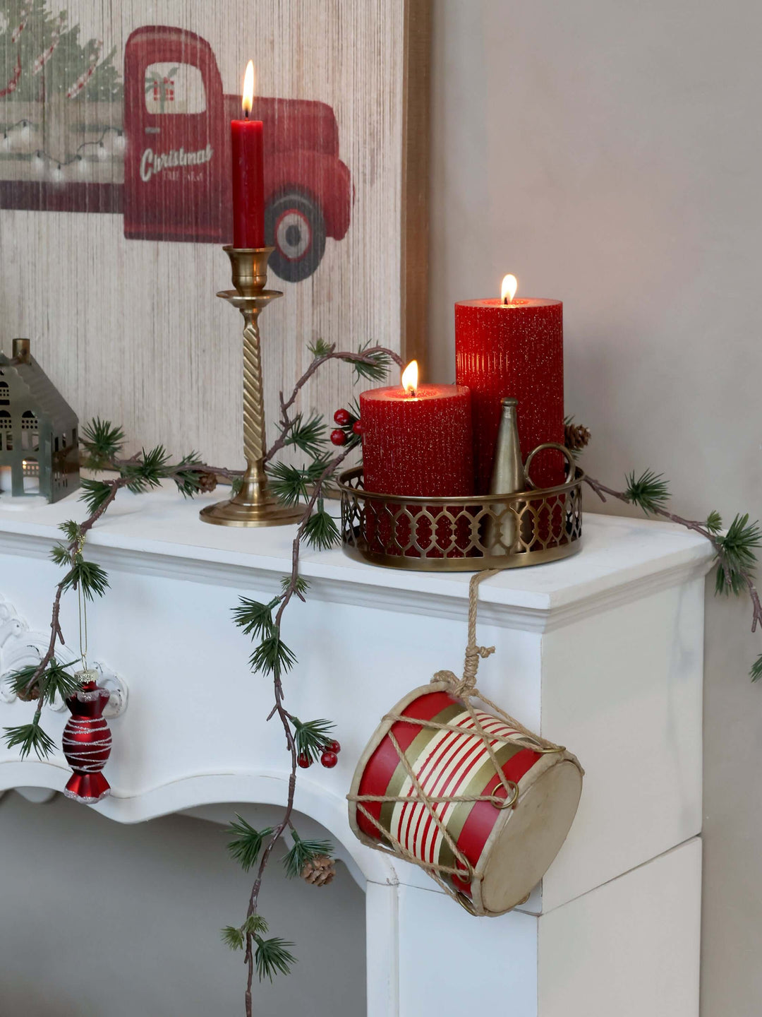 Antique Cherry Red  Pillar Candle With Grooves