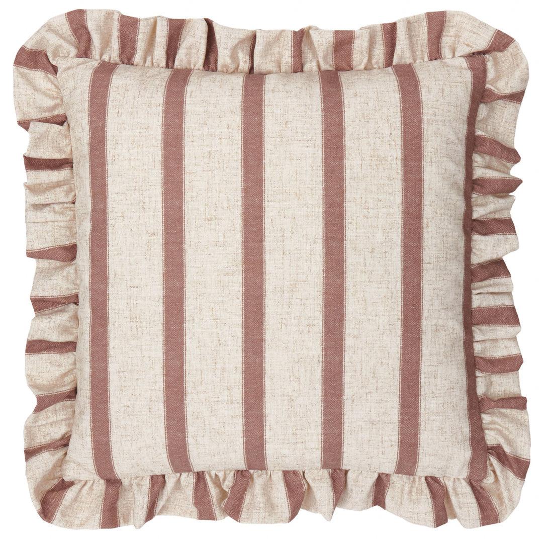 Square Striped Ruffle Cushion Clay Pink - Connie with vintage striped design and ruffled trim, perfect for cottage-core decor.
