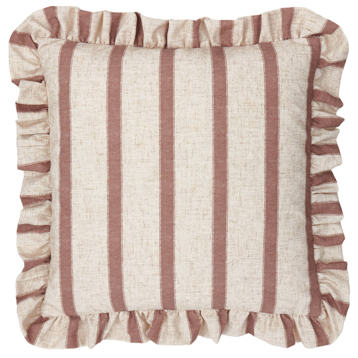 Square Striped Ruffle Cushion Clay Pink - Connie with vintage striped design and ruffled trim, perfect for cottage-core decor.