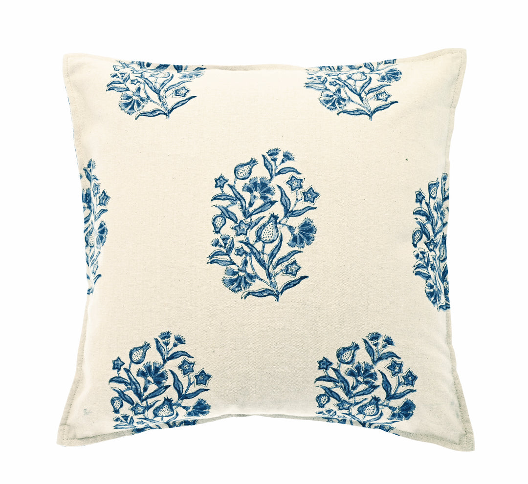 Hand Block Print Cushion in Ink Blue - Blickling featuring artisan floral design on slub cotton.