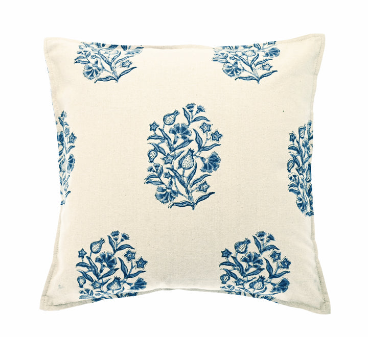 Hand Block Print Cushion in Ink Blue - Blickling featuring artisan floral design on slub cotton.