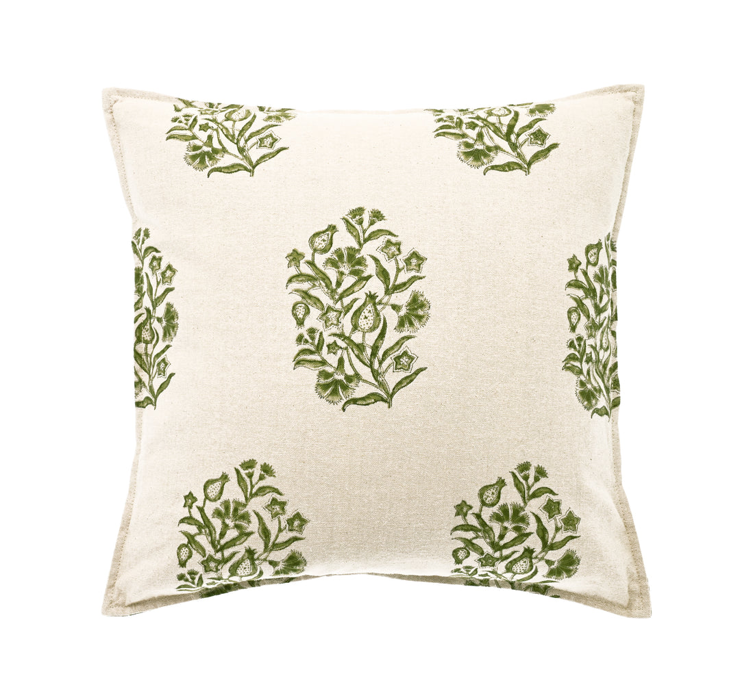 Hand Block Print Cushion in Olive Green - Blickling featuring hand block print design on off-white cotton.