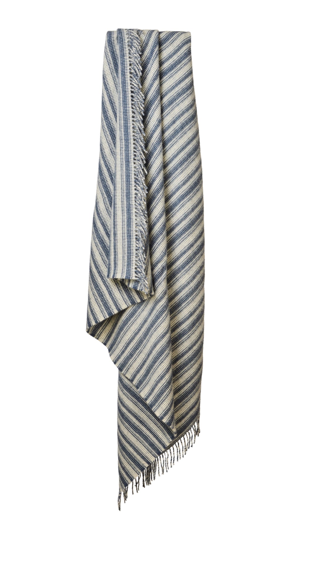 Tweedmill Blue Slate Wool Throw - Aber Stripe with blue stripes and tassels for a cosy touch in any room.
