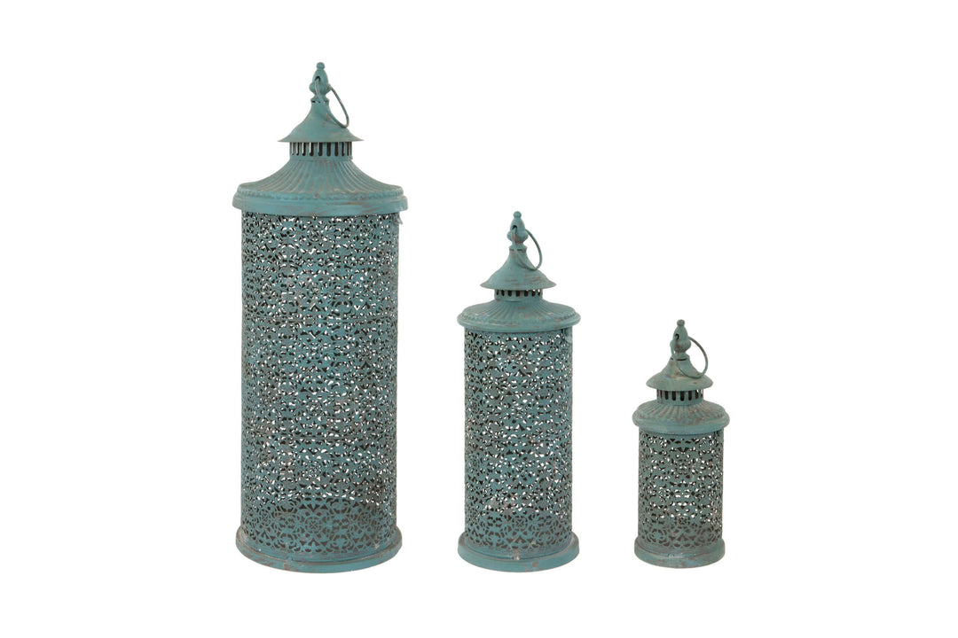 Aged Blue Metal Lanterns for sale at Source for the Goose, Devon