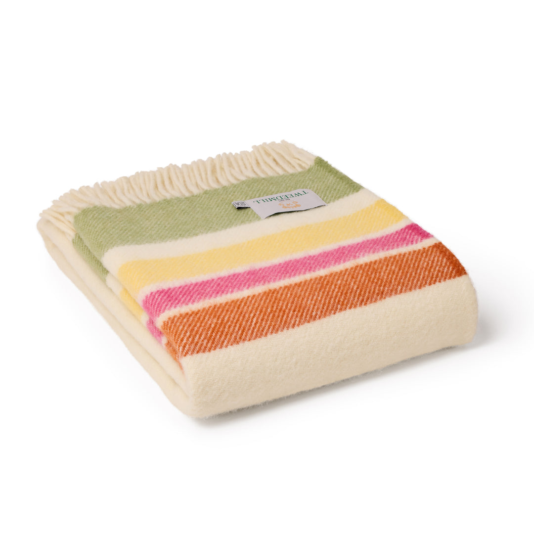 Tweedmill Alaska Petal Stripe Wool Blanket featuring pastel stripes on cream background, perfect for cosy throws in Devon.