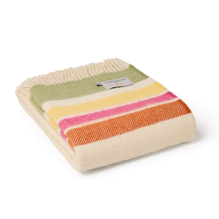 Tweedmill Alaska Petal Stripe Wool Blanket featuring pastel stripes on cream background, perfect for cosy throws in Devon.