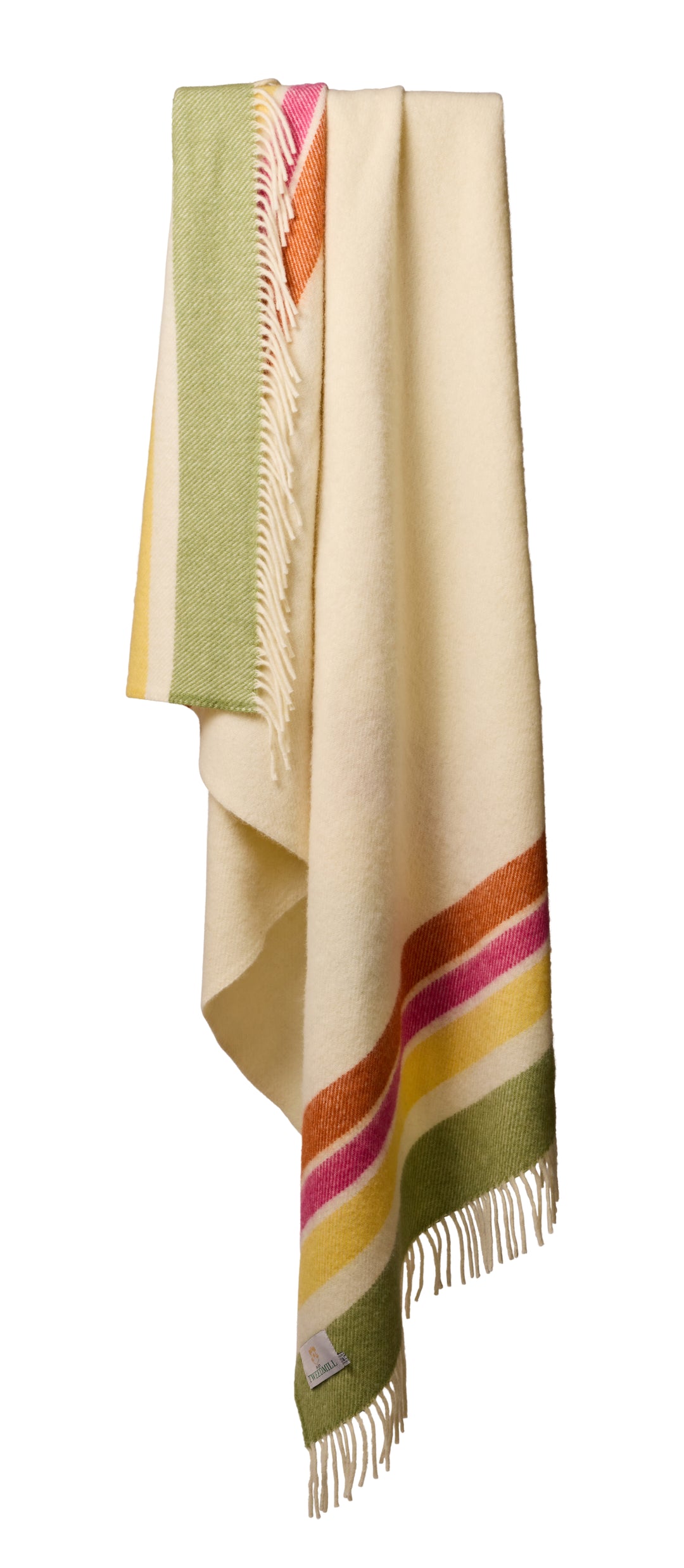 Tweedmill Alaska Petal Stripe Wool Blanket draped with cream background and colorful stripes, perfect for cozy throws.