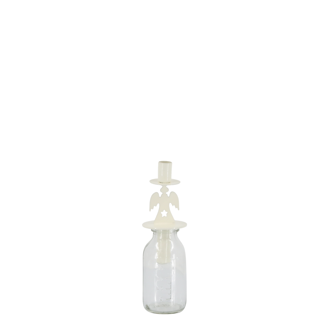 Angel Design Bottle Candle Holder from Source for the Goose, elegant light cream metal, ideal for festive occasions.