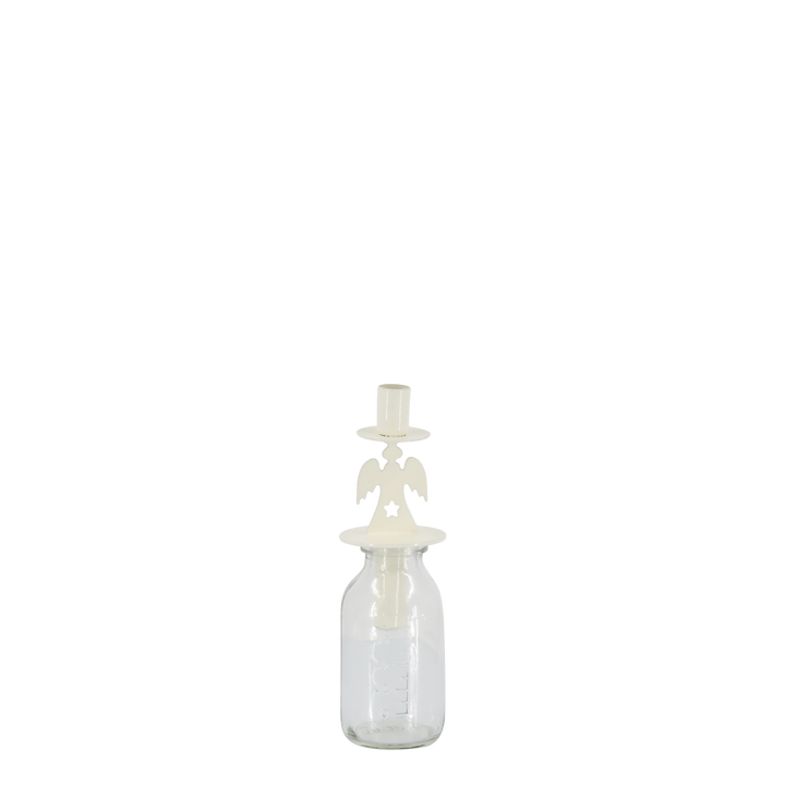 Angel Design Bottle Candle Holder from Source for the Goose, elegant light cream metal, ideal for festive occasions.