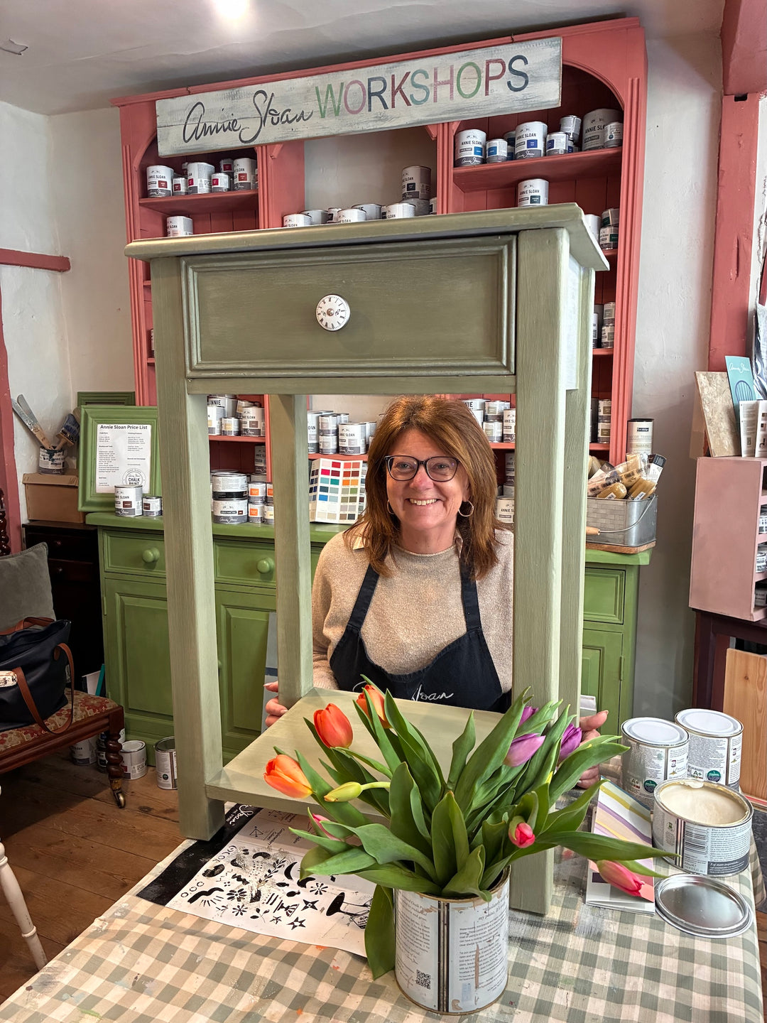 The Essentials of Furniture Painting Workshop – Monday 14th September at Source for the Goose in Devon with colorful tulips.